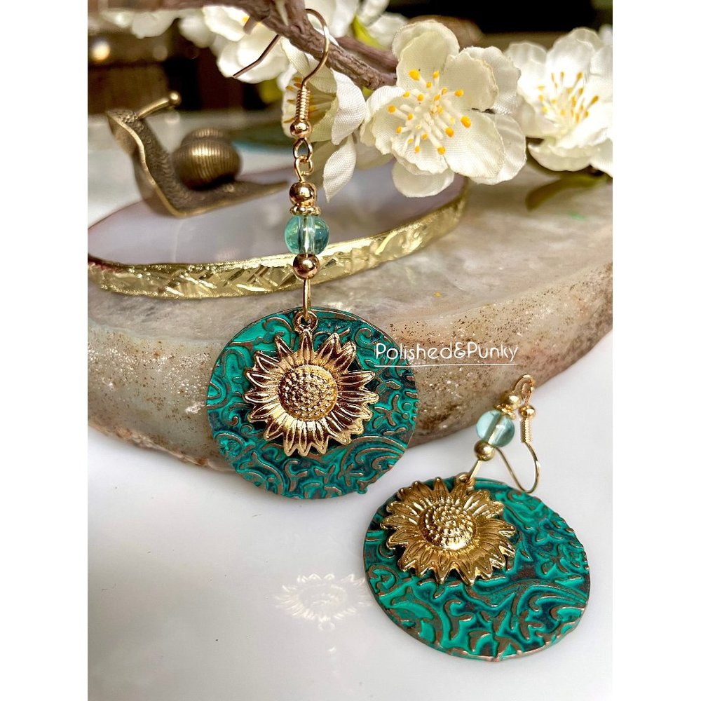 Vintage Sunflower Earrings ~ Flower Earrings ~ Copper Earrings ~ in gift box